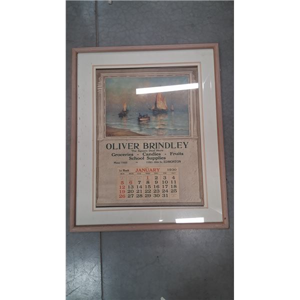 Very vintage 1930 Oliver Brindley framed calendar, 31"x25"