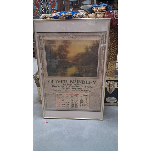 Very vintage 1930 Oliver Brindley framed calendar, 29.5"x19"