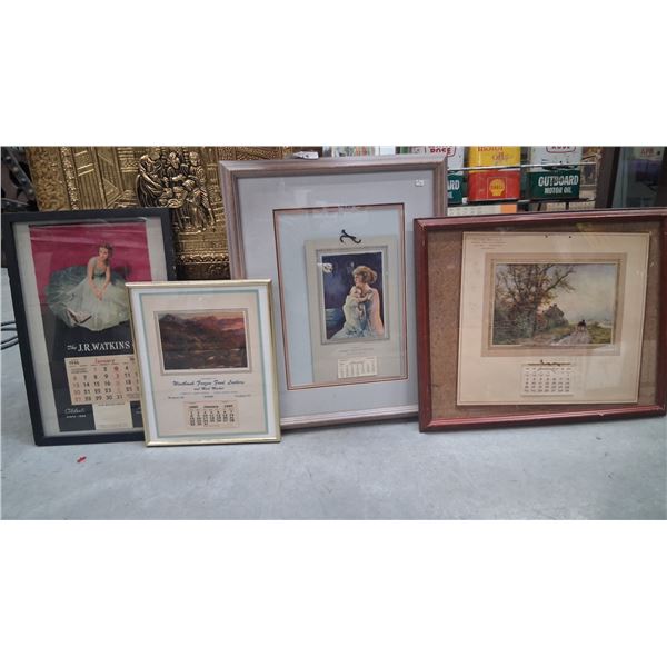 4 vintage framed calendars, largest is 22"x17.5"