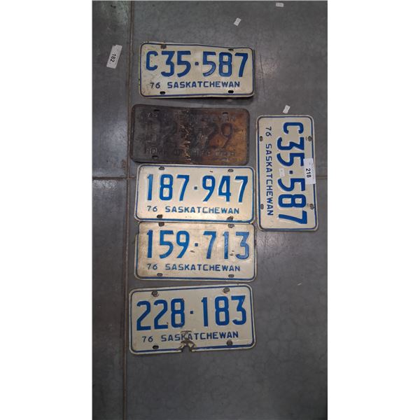 6 vintage Saskatchewan license plates, 73 & 76