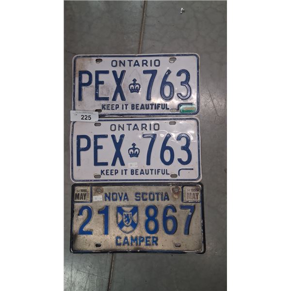 3 Canadian license plates, inc 2 1981 Ontario & 95 Nova Scotia camper plate