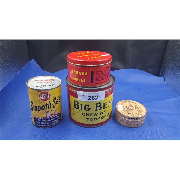 Collection of vintage cans, inc Big Ben Chewing Tobacco, Canada Metal, etc