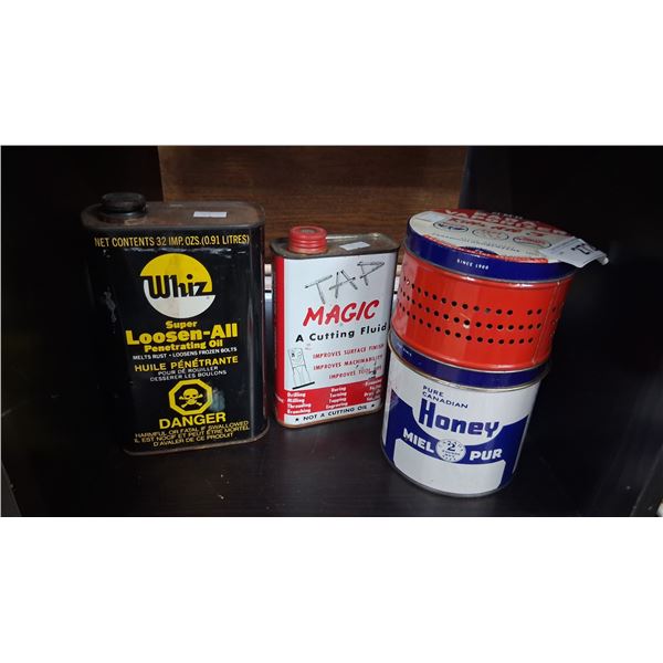 Vintage honey tin, vaporizor, Whiz, & Magic