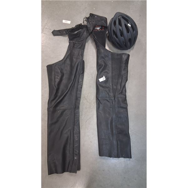Pair of large leather riding chaps and helmet