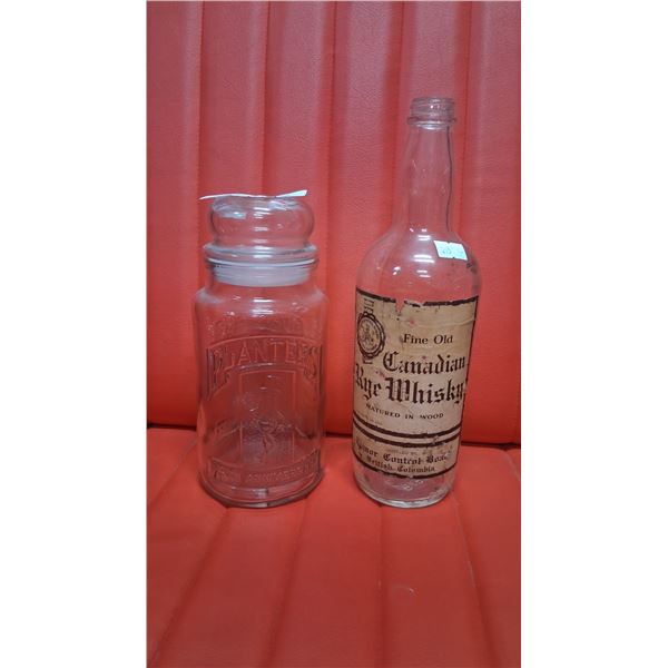 Vintage Planter's Peanuts 75th anniversary jar & Canadian whiskey bottle