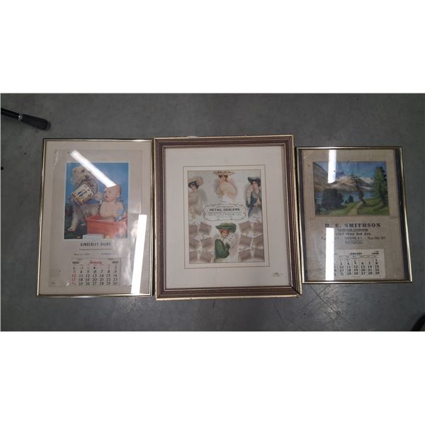 3 vintage calendars, framed, 1949 & 1960 largest is 17"x15"