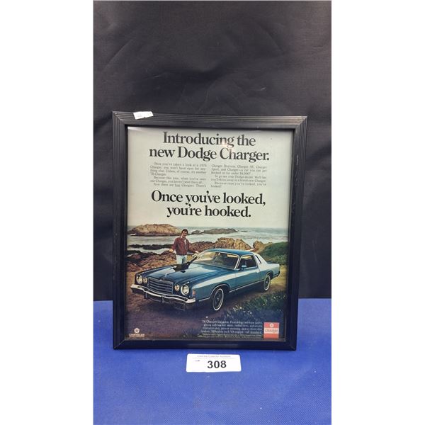 Vintage framed 1970s Dodge Charger Daytona ad featuring Tom Selleck 11"x9"