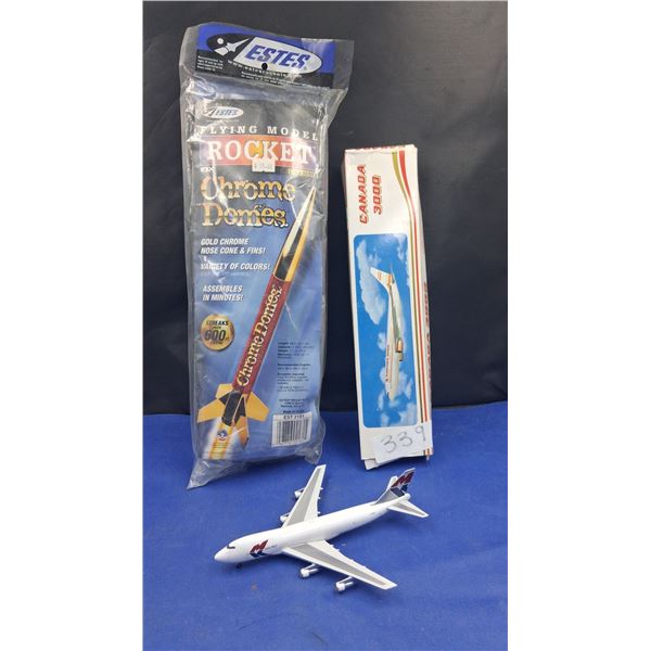 Vintage die cast plane, plane model kit & flying rocket