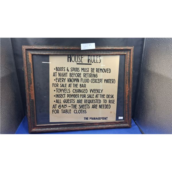 Vintage House Rules sign framed, 19"x16"