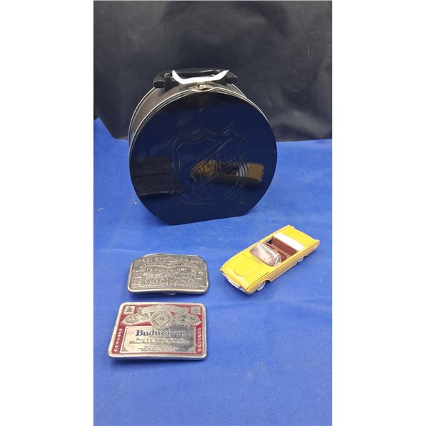 Collecable lot inc Budweiser belt buckle, Levis belt buckle, 1:43 scale Thunderbird, and NHL lunchbo