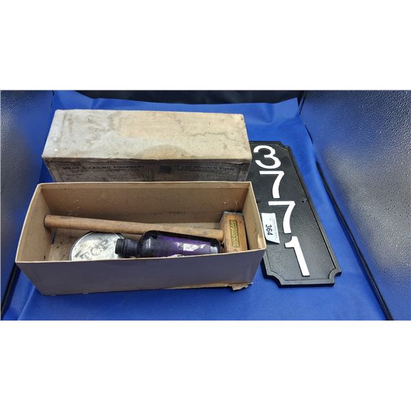 Vintage meat marking equipment kit and road sign
