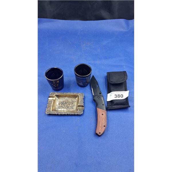 New locking folding knife with case, vintage brass ashtray & 2 shot glasses