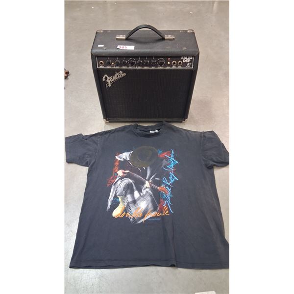 Fender guitar amp and Stevie Ray Vaughan t-shirt, says XL