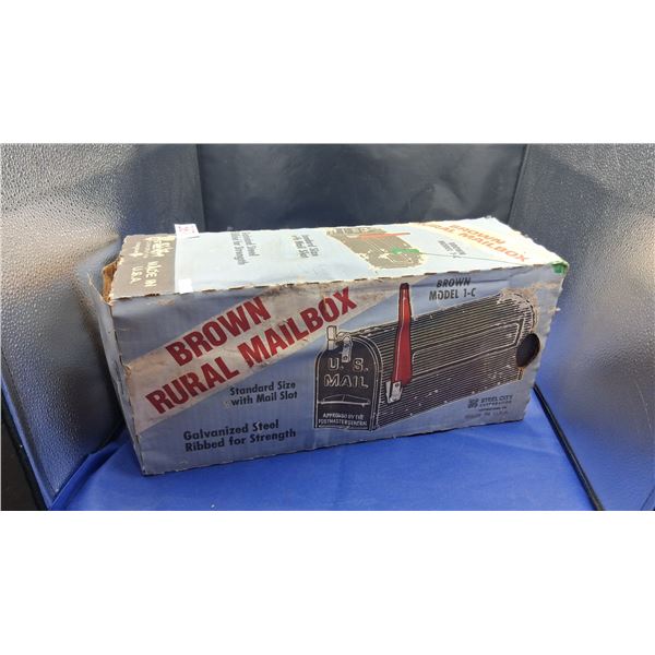 Vintage NOS brown rural steel mailbox 19" long