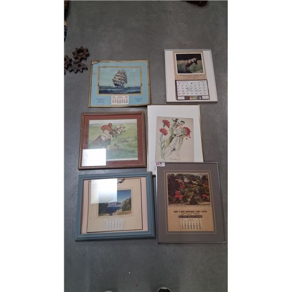 6 vintage framed calendars, largest is 22"x15"