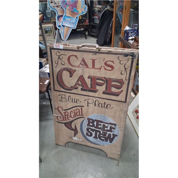 Vintage Cal's Café sandwich board sidewalk sign, double sided 37"x24"