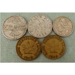 Five German Coins - 2) 10 Pfencing and 3) 50 Pfencing