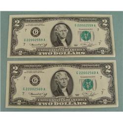 2) Consecutive 1976 $2 Bills CU Chicago Mint Mark  G