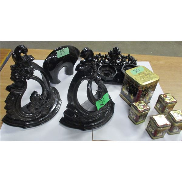 ESTATE:  BOX C/W BLACK ORNAMENTS & 4 TINS