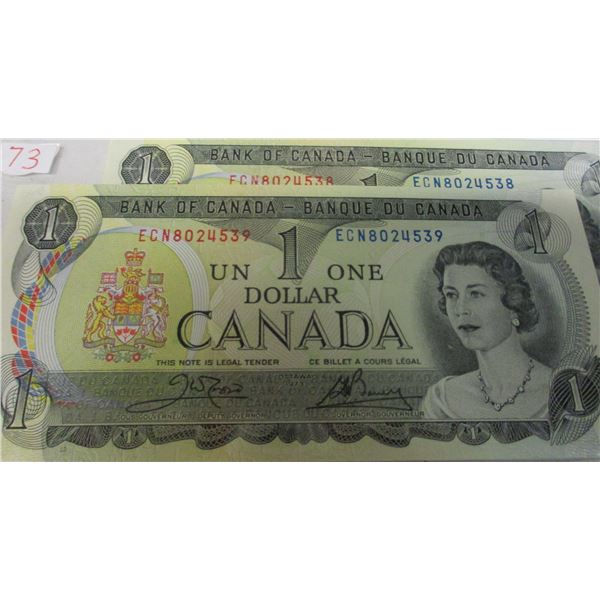 1973 PAIR SEQUENTIAL SERIAL NUMBER LAST OF CANADA $1 BILLS