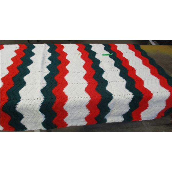 RED, WHITE & GREEN AFGHAN (APPROX. 83" X 43")