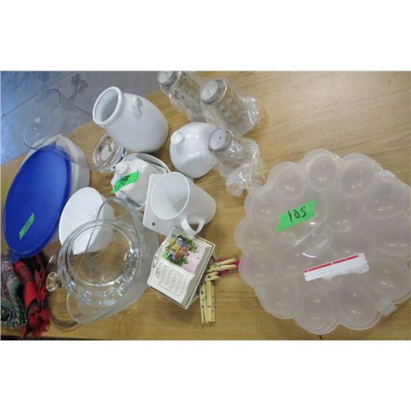 BOX C/W DISHWARE, EGG STORAGE TRAY, ETC