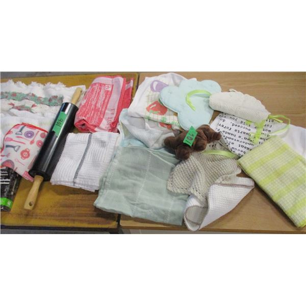 BOX C/W DISH CLOTHS, DISH TOWELS, ROLLING PIN, ETC