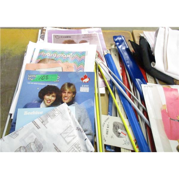 BOX C/W KNITTING NEEDLES, YARN, BOOKS, ETC