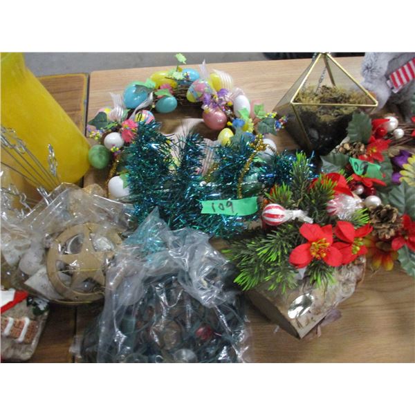 BOX C/W DECORATIONS, VASE, LARGE STORAGE CONTAINER, ETC