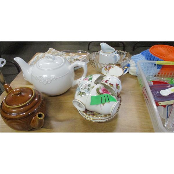 BOX C/W TEA POTS, CHINA CUPS, ASSORTED DISHWARE
