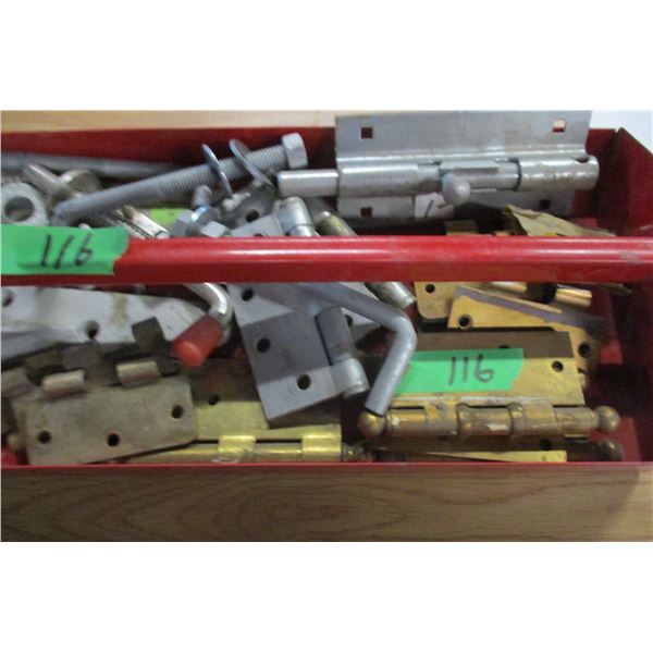RED METAL TRAY C/W HINGES, GATE BOLTS, ETC