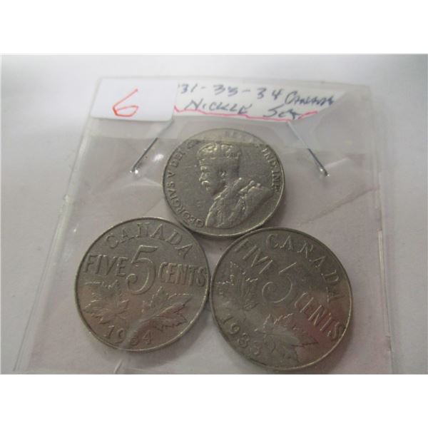 1931, 1933 & 1934 CANADA KING GEORGE V NICKEL SET