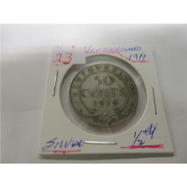 1919 NEWFOUNDLAND KING GEORGE V SILVER HALF DOLLAR