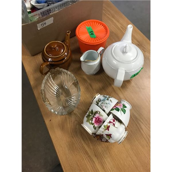 BOX C/W TEAPOTS, TEA CUP & SAUCER, GLASSWARE, ETC