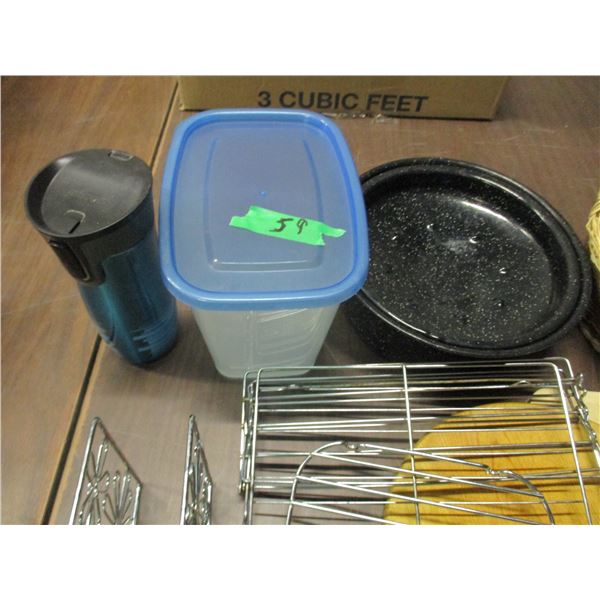 BOX C/W POTS, PANS, RACKING, CUTTING BOARDS, ETC