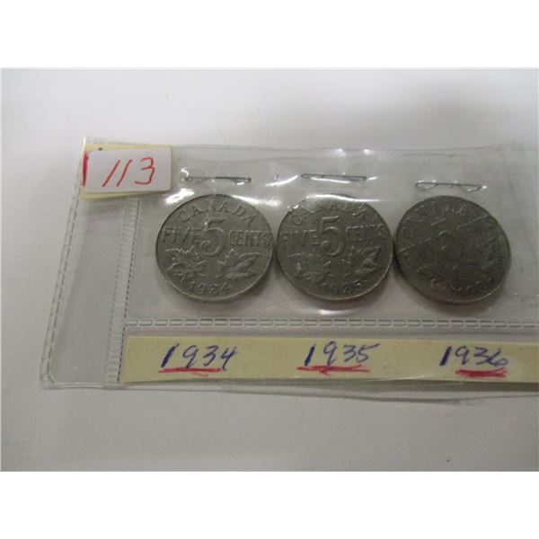 1934, 1935 & 1936 CANADA KING GEORGE V NICKELS