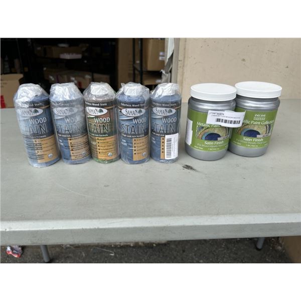 2 NEW BOTTLES MODERN MASTERS METALLIC PAINT COLLECTION (SILVER) AND 3 BOTTLES SAMAN WOOD STAIN (AZUR