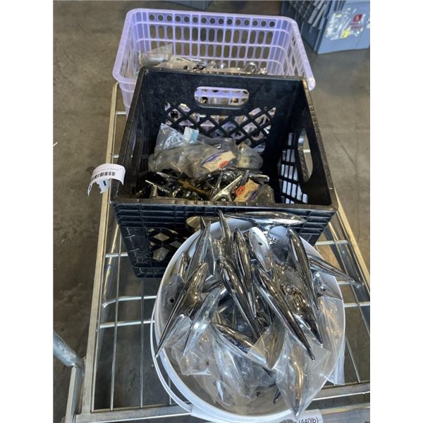 2 CRATES AND BUCKET FULL OF MARINE COMPNENTS, CLEATS, CONNECTORS ETC