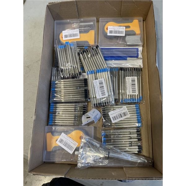 TRAY OF NEW PEN REFILLS AND SCRAPER SETS