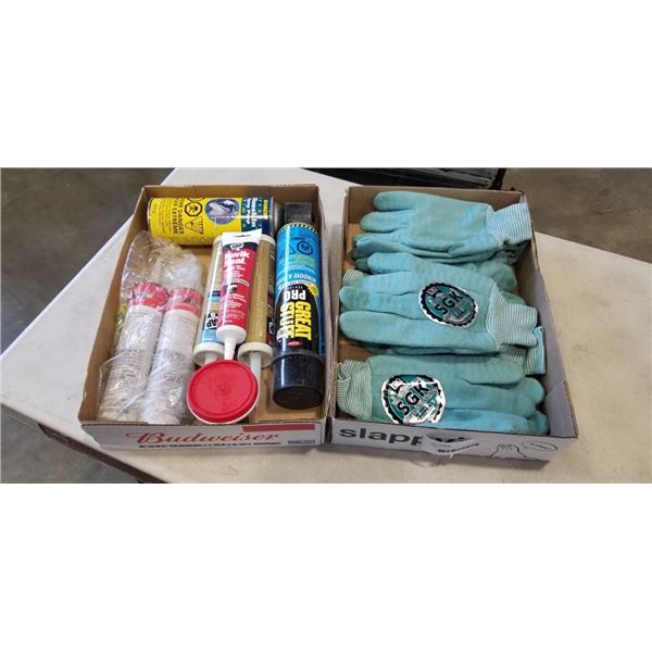 ORIGINAL SUPER GREEN KING GLOVES, AND TRAY OF CAULKING, SPRAY FOAM ETC