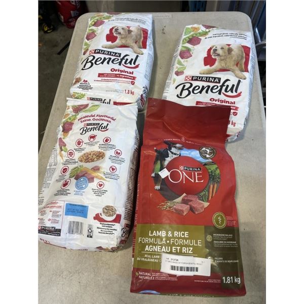 3 1.8KG BAGS OF PURINA BENEFUL ADULT DOG FOOD, B/B AUG 2027 AND BAG OF PURINA ONE LAMB AND RICE 1.81