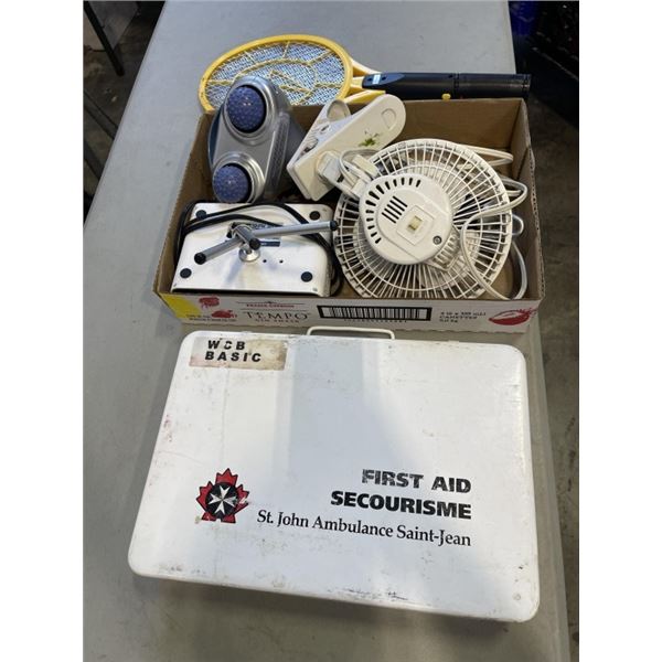 ASSORTED FANS, MASSAGER, BUG ZAPPER AND METAL FIRST AID KIT