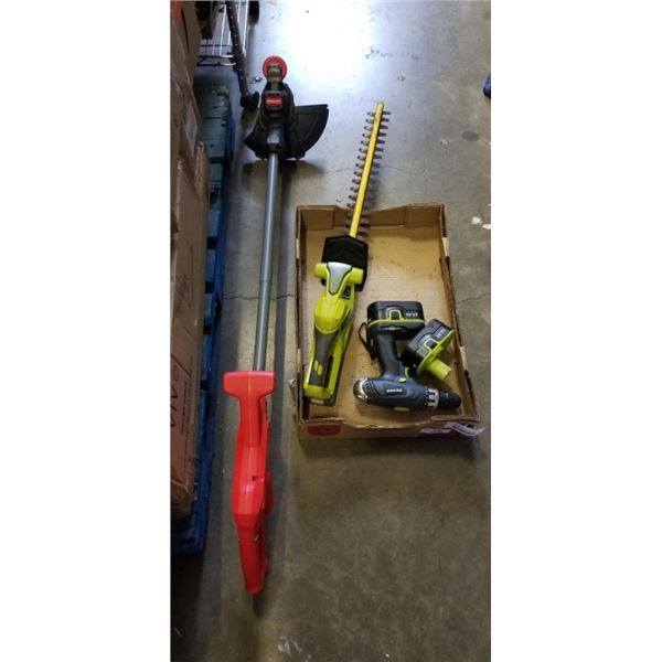 CRAFTSMAN WEED WHACKER, SUNJOE HEDGE TRIMMER AND PROPULSE CORDLESS DRILL WITH 2 BATTERIES