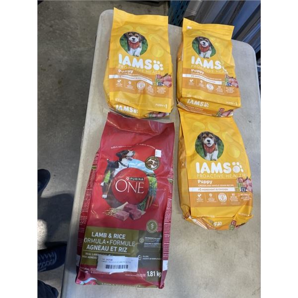 3 BAGS 1.5KG EACH OF IAMS PROACTIVE HEALTH PUPPY DOG FOOD, B/B MAY 2027 AND BAG OF PURINA ONE LAMB A