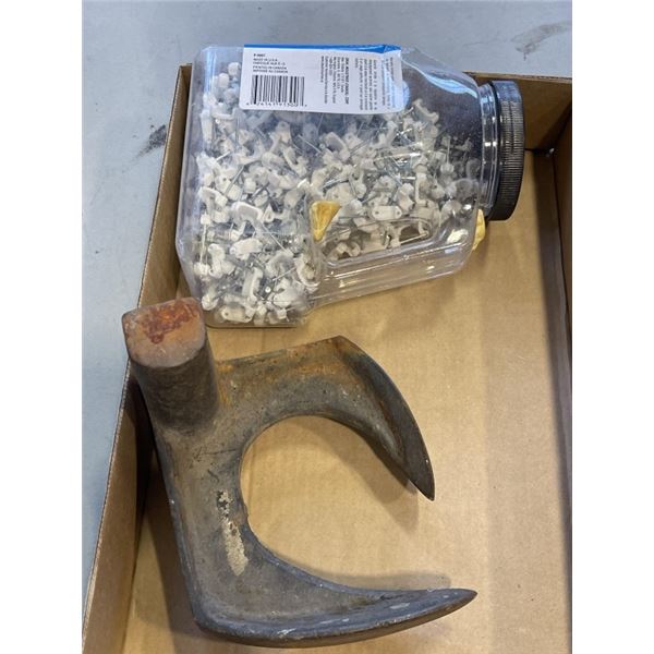MASTERCRAFT TOOLS BOX AND CONTENTS, BIN OF CABLE CLIPS AND SHOE LAST