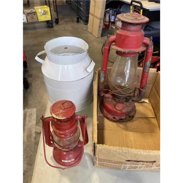 2 LANTERNS AND VINTAGE MILK BUCKET
