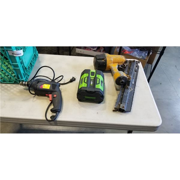 MILK CRATE WITH GREATNECK 3/8" VARIABLE SPEED DRILL, DEWALT STAPLER, EGO 56V LITHIUM-ION BATTERY. AL
