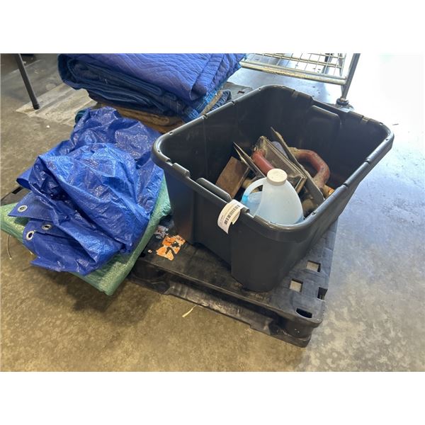 TOTE OF ASSORTED CONCRETE TOOLS, DECK SCREWS, TARPS ETC