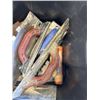Image 4 : TOTE OF ASSORTED CONCRETE TOOLS, DECK SCREWS, TARPS ETC