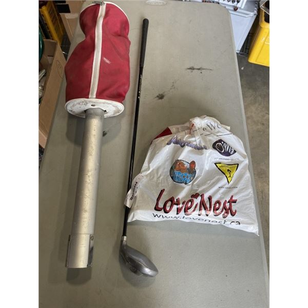 BAG OF GOLF BALLS, GOLF BALL HOLDER, AND CLUB